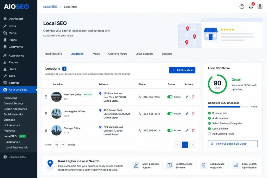 AIOSEO local SEO module for multi-location business websites
