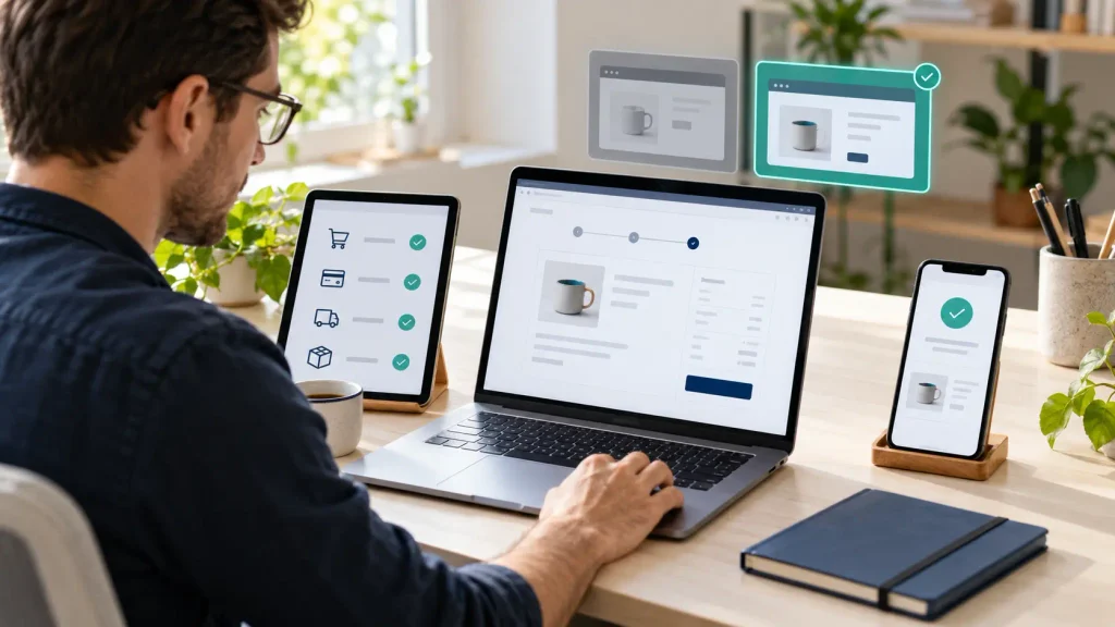 Developer testing an online order across desktop and mobile