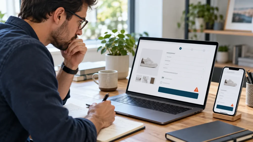 Store owner reviewing a checkout problem on desktop and mobile