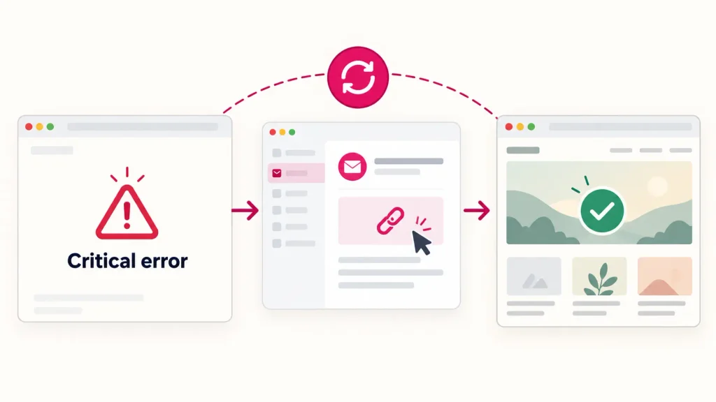 Critical website error followed by a recovery email and restored page