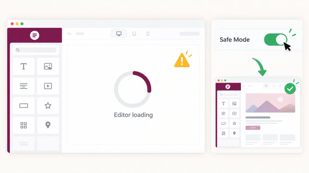 Elementor editor stuck loading beside a Safe Mode troubleshooting view
