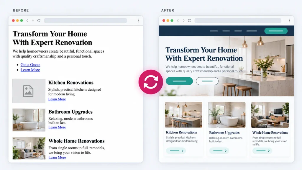 Website layout before and after broken Elementor styling is fixed