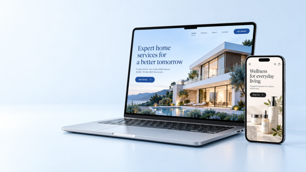 Laptop and mobile showing illustrative website designs